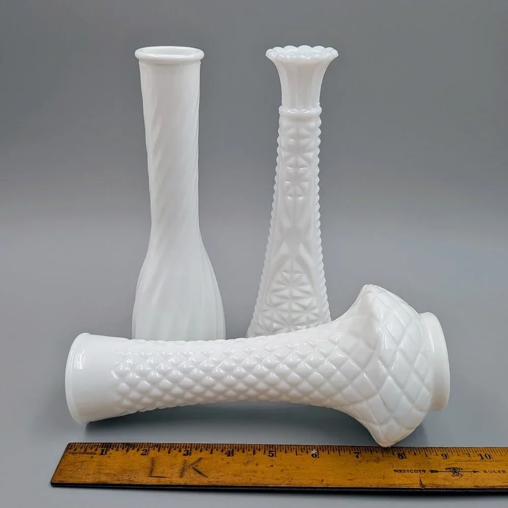 Set of 3 Vintage White Milk Glass Bud Vases - 9" Shabby Chic Floral Decor - Picture 9 of 10
